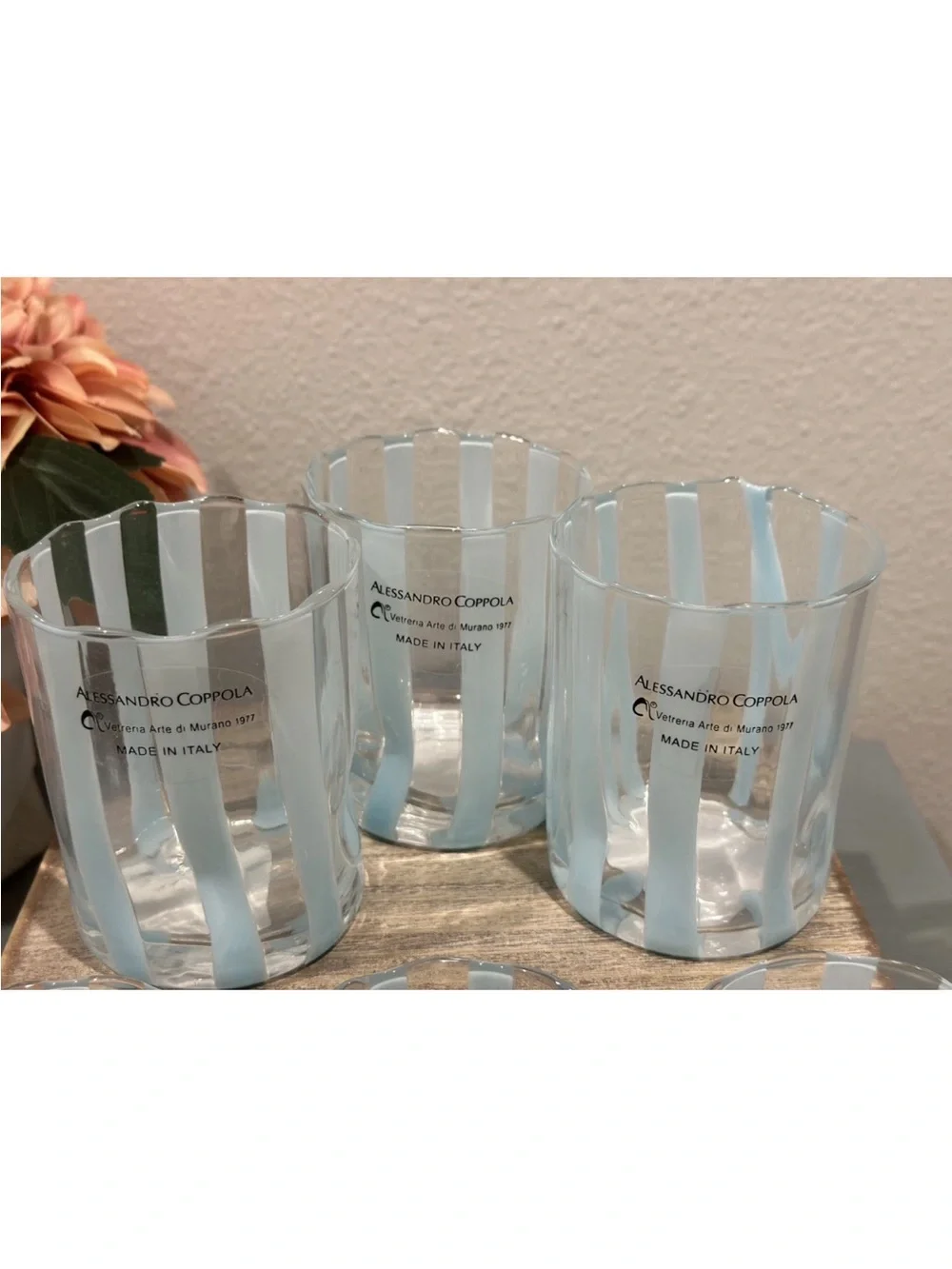 Alessandro Coppola Murano Blue Striped Drinking Glass Tumbler Indented Set of 6